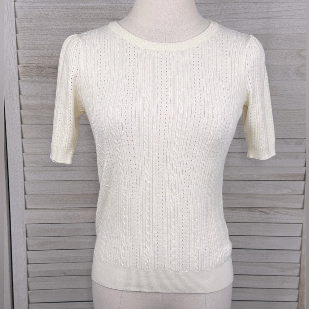 MARLED (REUNITED CLOTHING) Short Sleeve Cable Knit Pointelle Sweater Ivory-XS